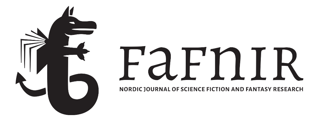 A black and white drawing of a wyvern with an open book for wings next to the text "Fafnir – Nordic Journal of Science Fiction and Fantasy Research"